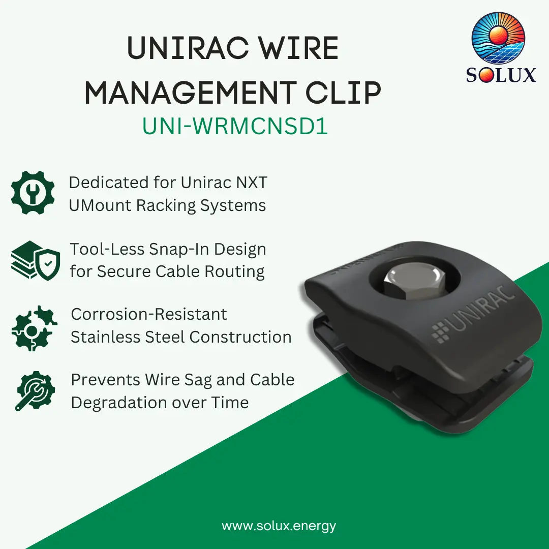 UNIRAC wire management clip in black stainless steel, shown on a split white and green background with product features and the Solux logo.